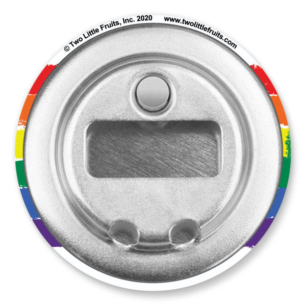 The metallic back of a gay pride bottle opener with a vibrant rainbow border, emphasizing durability and style.