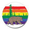 Close-up view of a gay pride bottle opener showcasing a bear walking against rainbow stripes, representing LGBTQ+ pride.