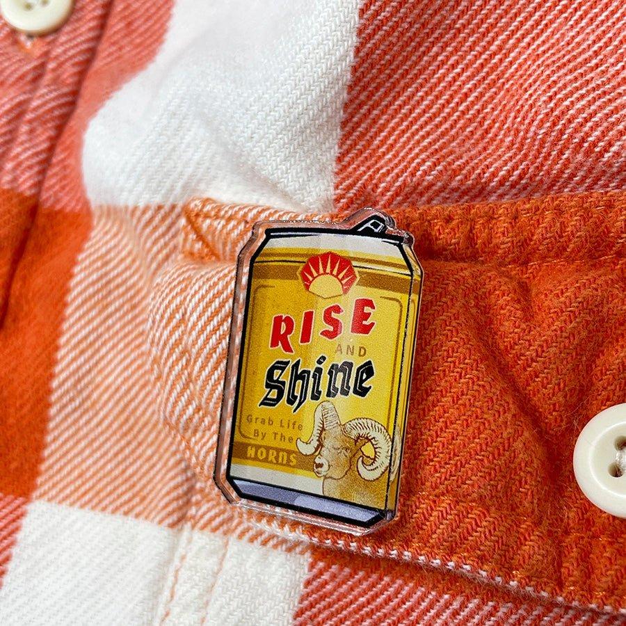 Rise And Shine Beer Can Pin - 1.25 Inch Durable Acrylic Enamel Pin With Rubber Clutch - Acrylic Pin - Two Little Fruits - Two Little Fruits
