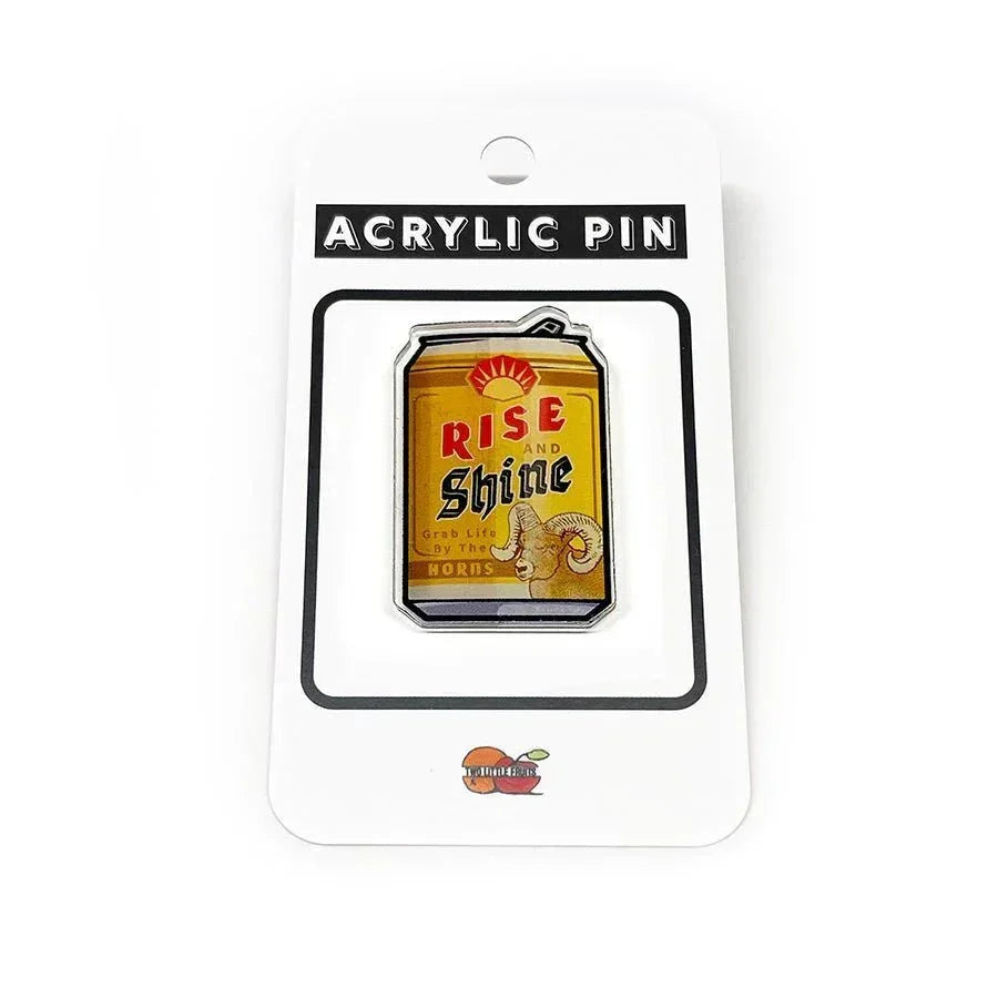 Rise And Shine Beer Can illustrated acrylic pin by Two Little Fruits