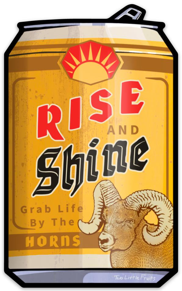 Eye-catching beer can sticker depicting a bighorn sheep with the words 'Rise and Shine', ideal for adding character to your items.