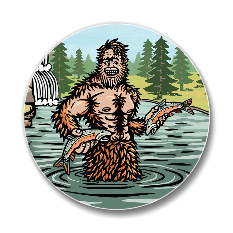Illustrative Sasquatch Drink Coaster depicting a happy Sasquatch in nature, making it a standout option among unique coffee table coasters for a fun touch.