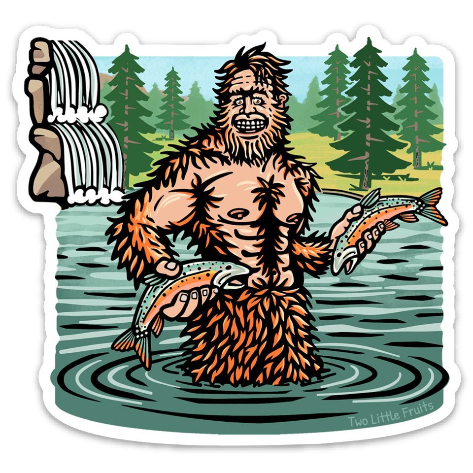 Sasquatch Sticker design depicting a cheerful Sasquatch holding fish in a river, with a lush forest in the background, created by Two Little Fruits.