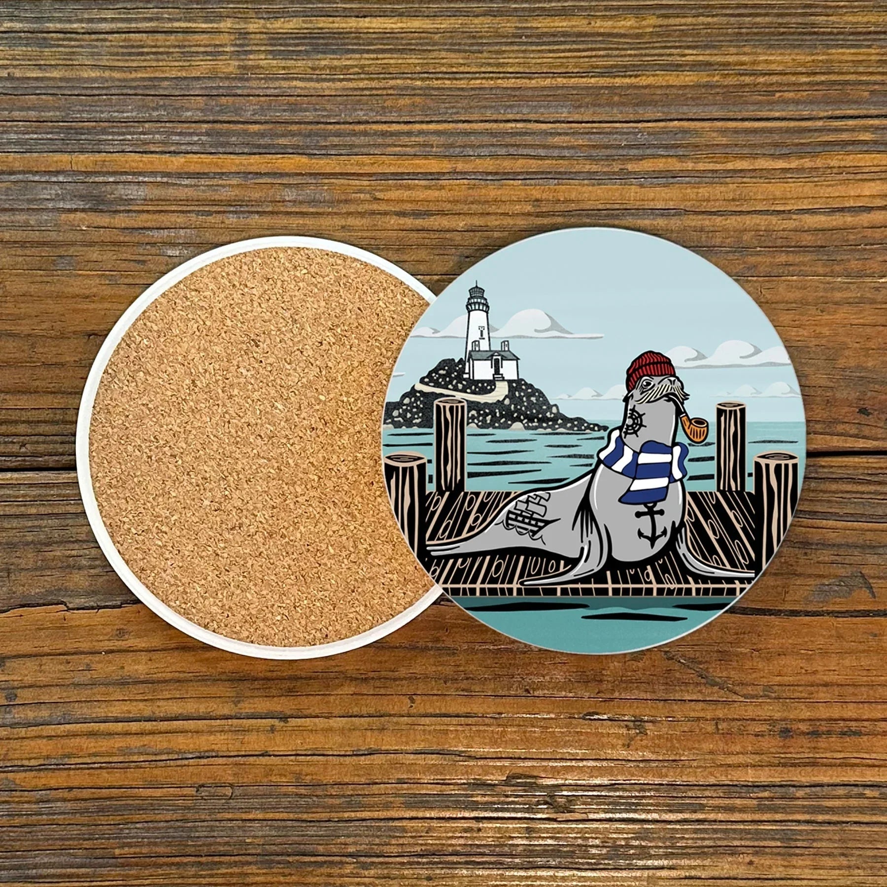 Sea Lion Coasters Set of 4 - Fun Ceramic Coasters with Cork Backing, Protects Furniture