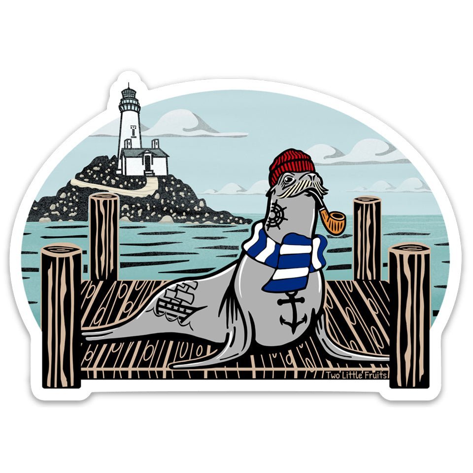 Vibrant Sea Lion Sticker with a playful sailor sea lion in a red beanie and blue stripes, set against a scenic backdrop of a lighthouse and ocean. Ideal for showcasing your style!