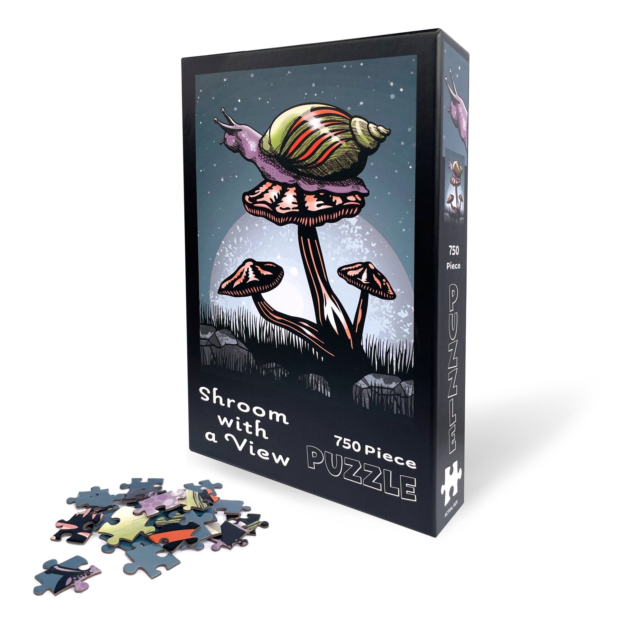 Shroom With A View 750 Piece Snail Puzzle box showcasing colorful mushroom puzzle art featuring a snail and mushrooms, perfect for puzzlers and art lovers.