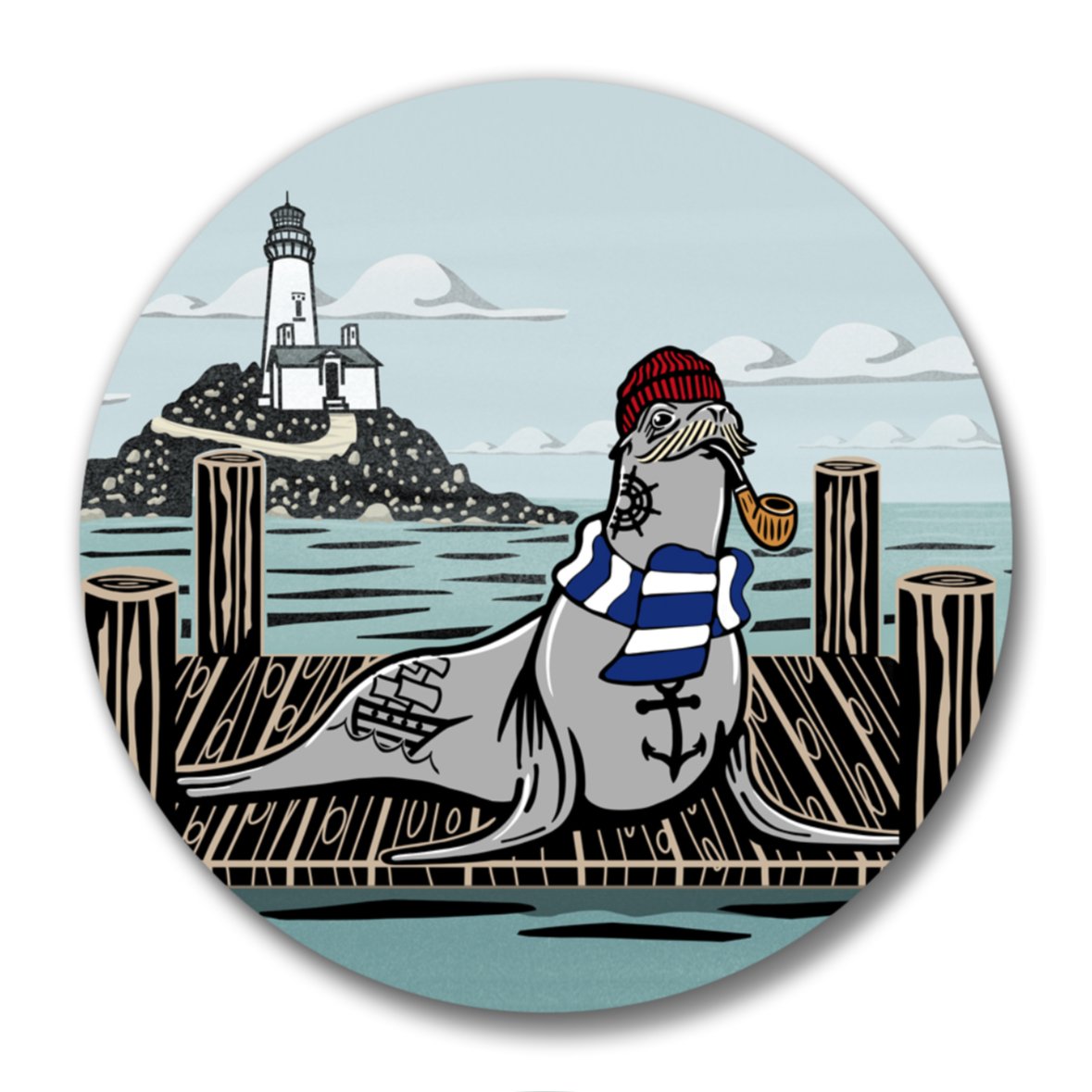 Close-up view of the Skipper Sea Lion bottle opener featuring a sea lion character wearing a red beanie and striped scarf. This artistic piece is both decorative and functional among cool bottle openers.