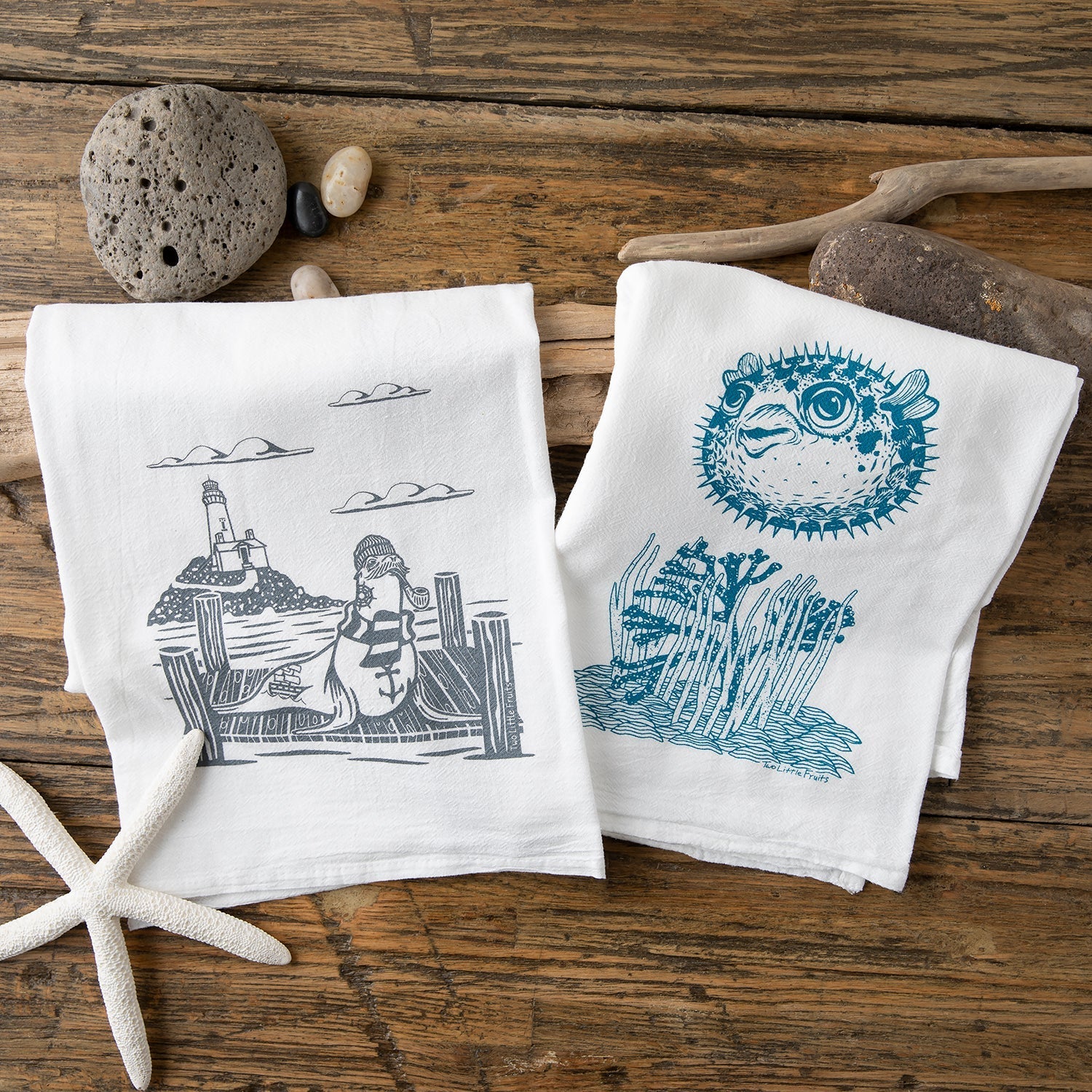 Skipper The Sea Lion & Puffy The Blowfish Tea Towel Set - 100% Cotton, Eco - Friendly, Hand - Illustrated - Tea Towels - Two Little Fruits - Two Little Fruits