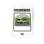 Sleepin Around Camp Trailer Acrylic Pin displayed on a card, perfect for unique camping apparel enthusiasts.