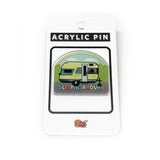 Sleepin Around Camp Trailer Acrylic Pin displayed on a card, perfect for unique camping apparel enthusiasts.