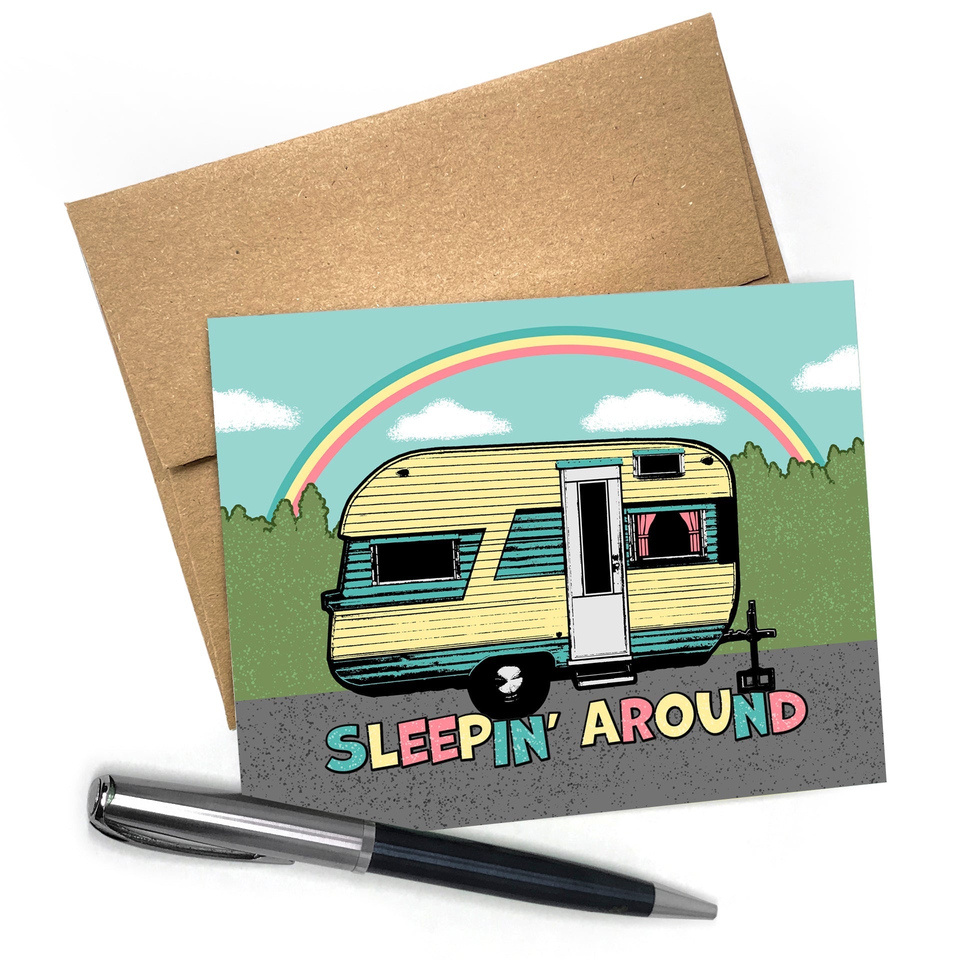 Sleepin' Around Camp Trailer Greeting Card - Fun Camping Greeting Cards for Nature Lovers - Greeting Cards - Two Little Fruits - Two Little Fruits
