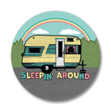 Sleepin Around Camper Magnetic Bottle Opener featuring a vintage camper design, perfect for camping enthusiasts looking for a stylish camping bottle opener.