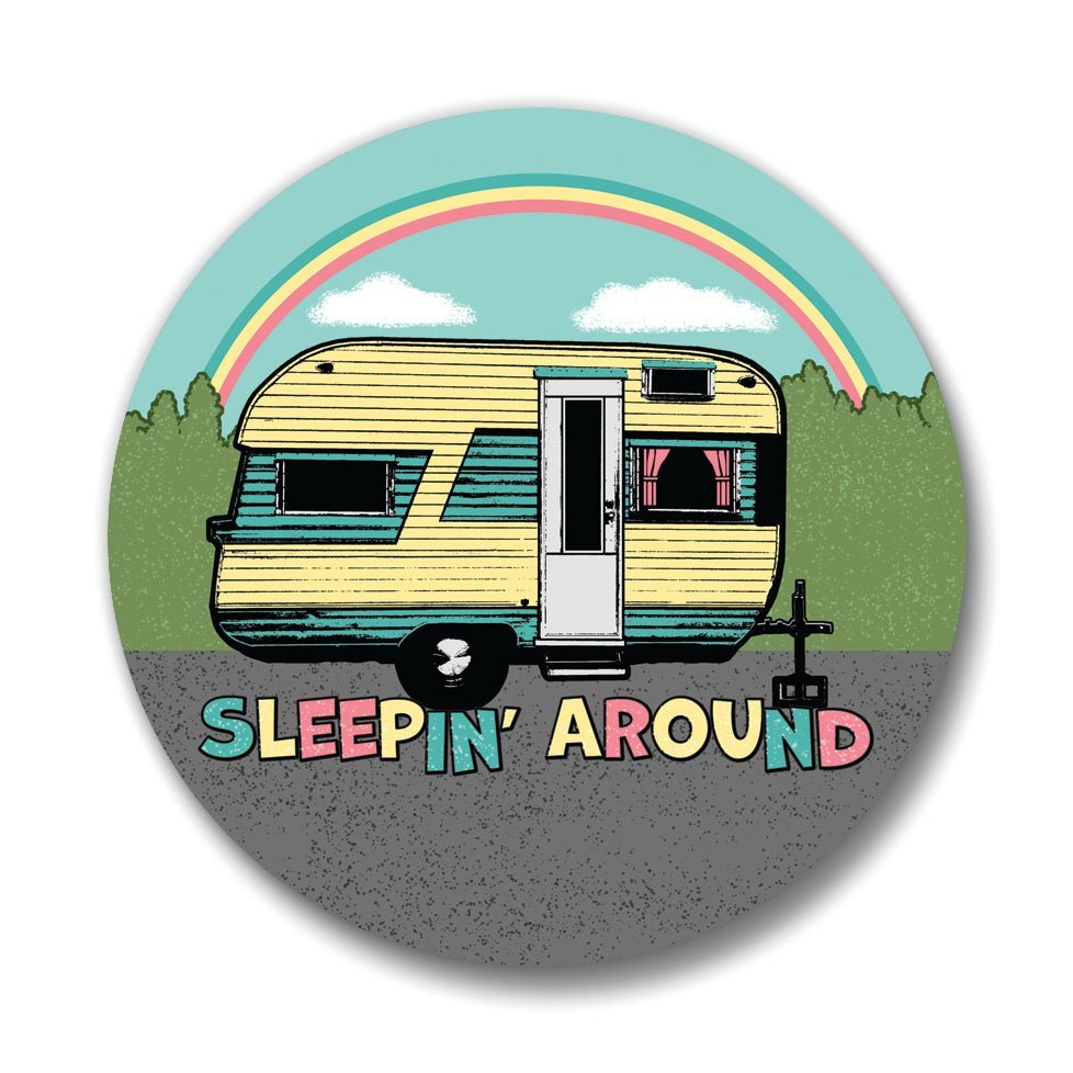 Sleepin Around Camper Magnetic Bottle Opener featuring a vintage camper design, perfect for camping enthusiasts looking for a stylish camping bottle opener.