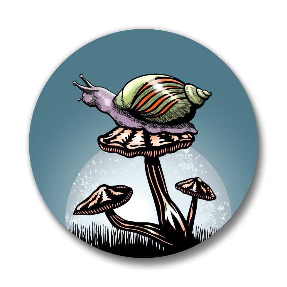 Close-up of a colorful snail button pin featuring a snail resting on a mushroom with a vibrant background, perfect for collectors.