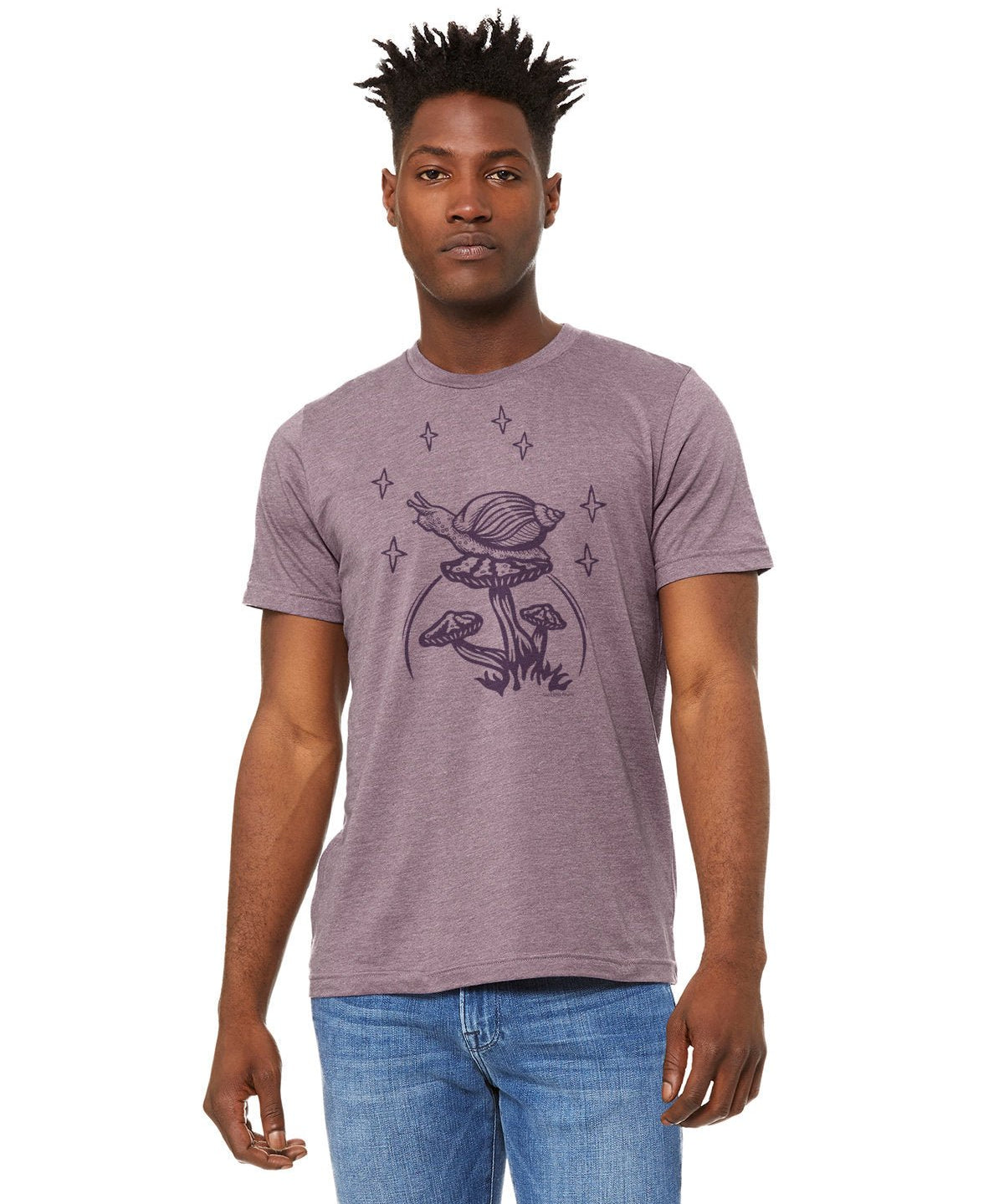 Snail Graphic Tee - Purple Cotton T-Shirt with Mushroom, Eco - Friendly Ink, Unisex, Made in USA - Tee Shirts - Two Little Fruits - Two Little Fruits