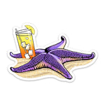 Close-up of the Tipsy Starfish Sticker, highlighting the detailed illustration of a purple starfish with a cocktail, ideal for sticker collectors.