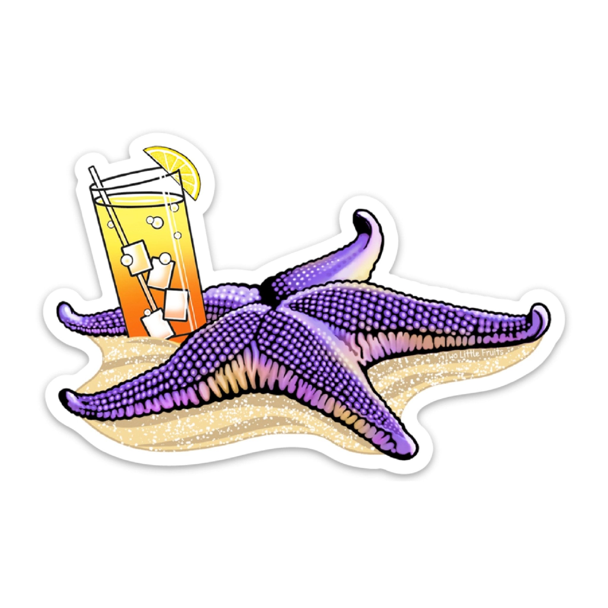 Close-up of the Tipsy Starfish Sticker, highlighting the detailed illustration of a purple starfish with a cocktail, ideal for sticker collectors.