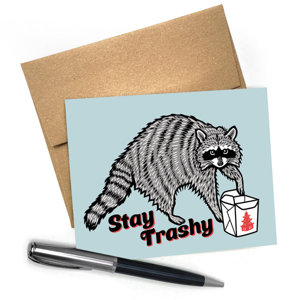 Stay Trash Raccoon Blank Greeting Card - Two Little Fruits