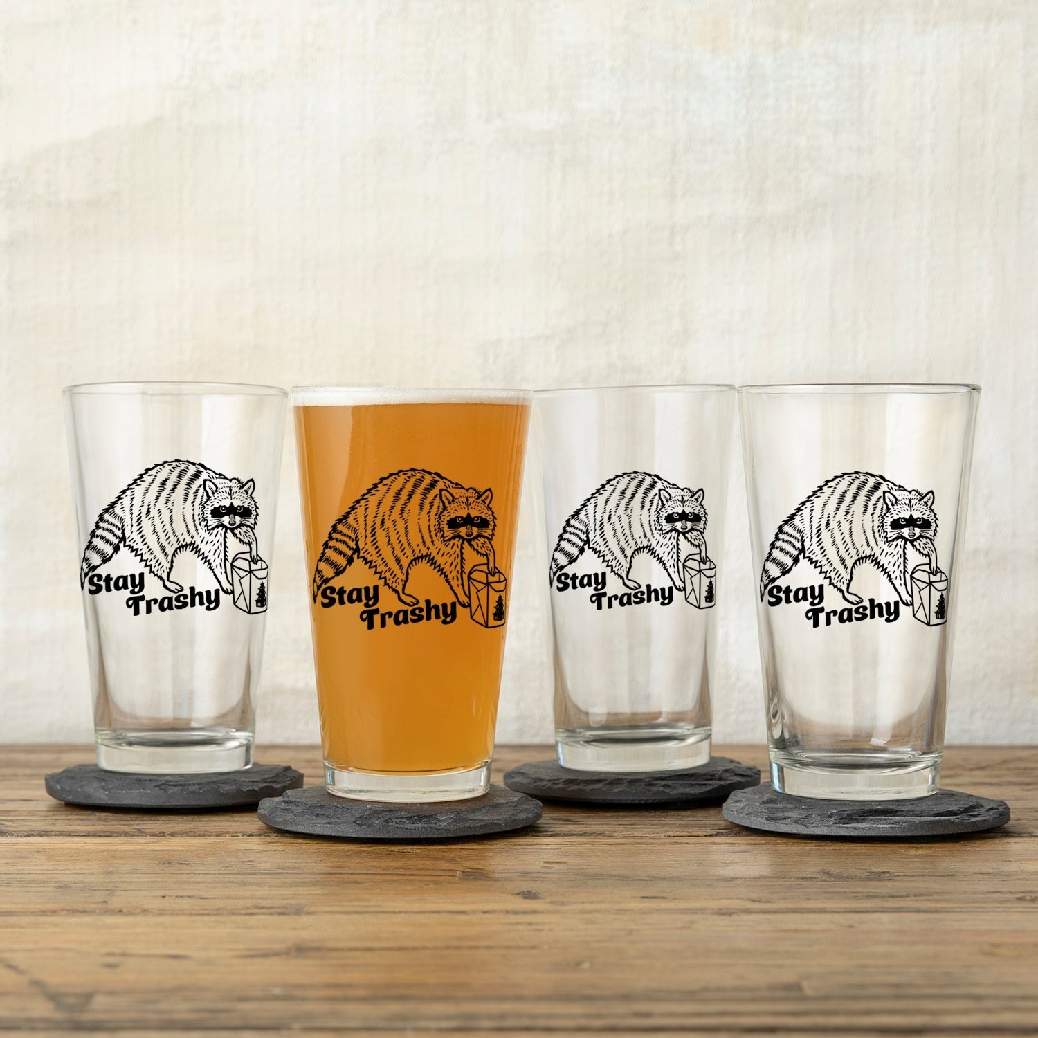 Stay Trashy Raccoon Beer Glass - Unique 16 Oz Pint Glass with Fun Artwork - Made in USA - Pint Glass - Two Little Fruits - Two Little Fruits