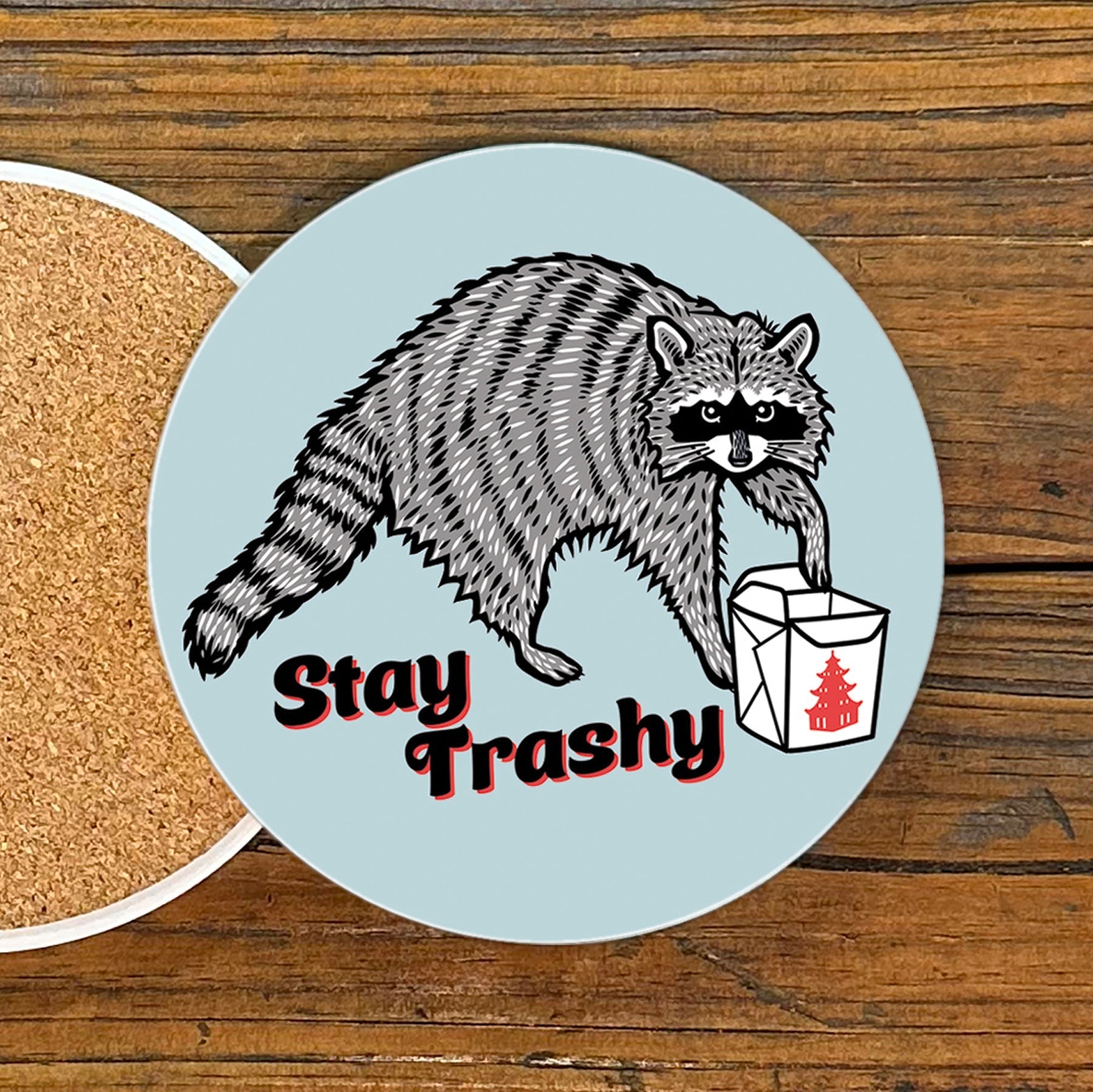 Stay Trashy Raccoon Decorative Coffee Table Coasters - 4" Ceramic with Cork Backing - Coasters - Two Little Fruits - Two Little Fruits