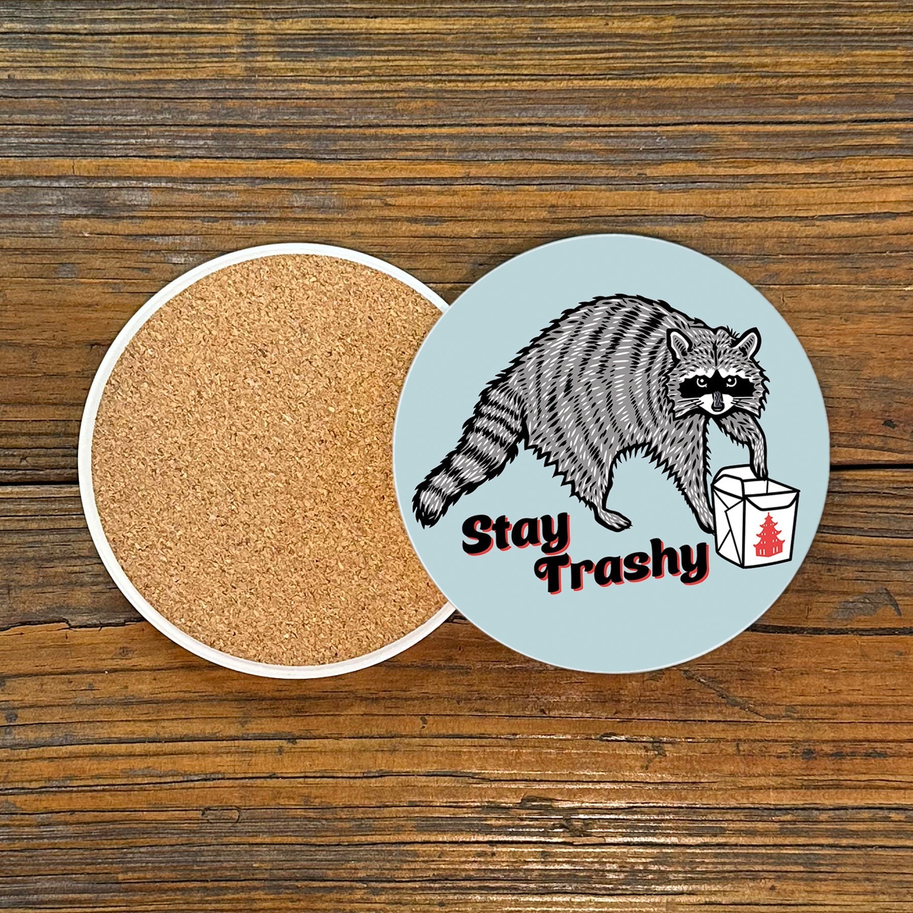Stay Trashy Raccoon Decorative Coffee Table Coasters - 4" Ceramic with Cork Backing - Coasters - Two Little Fruits - Two Little Fruits