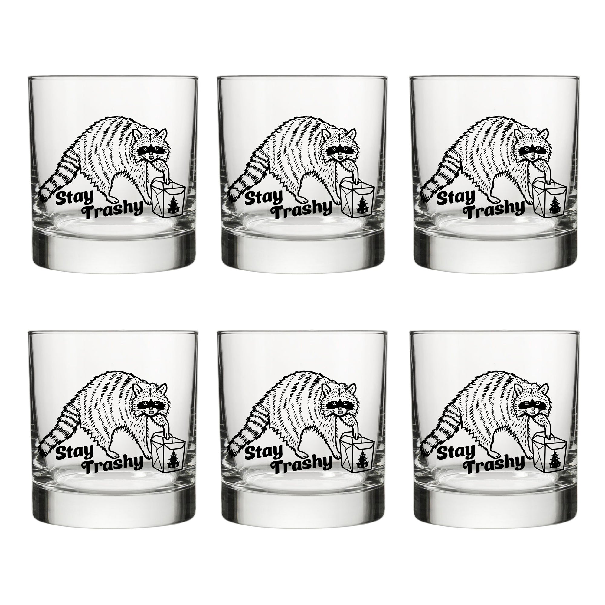 Stay Trashy Raccoon Whiskey Glass - Cute 10 Oz Rocks Glass with Fun Artwork - Rocks Glass - Two Little Fruits - Two Little Fruits