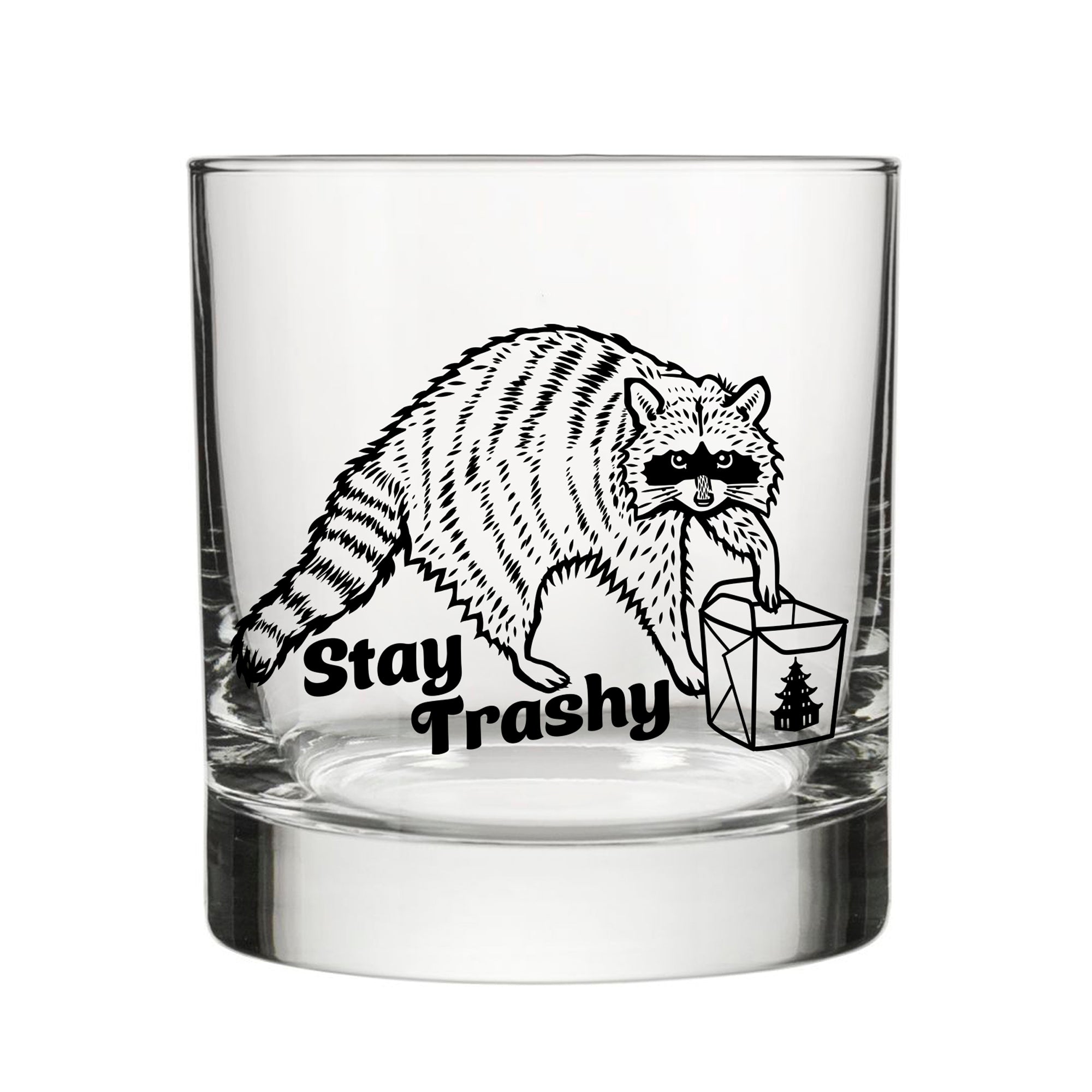 Stay Trashy Raccoon Whiskey Glass - Cute 10 Oz Rocks Glass with Fun Artwork - Rocks Glass - Two Little Fruits - Two Little Fruits