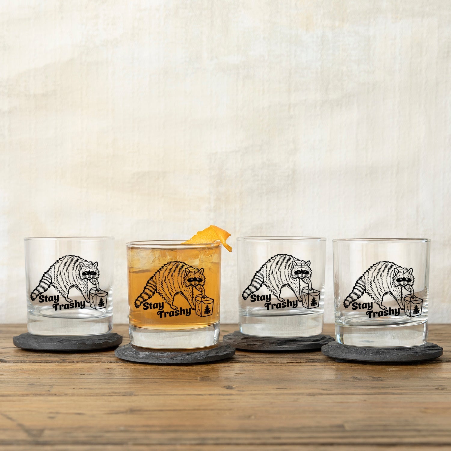 Stay Trashy Raccoon Whiskey Glass - Cute 10 Oz Rocks Glass with Fun Artwork - Rocks Glass - Two Little Fruits - Two Little Fruits