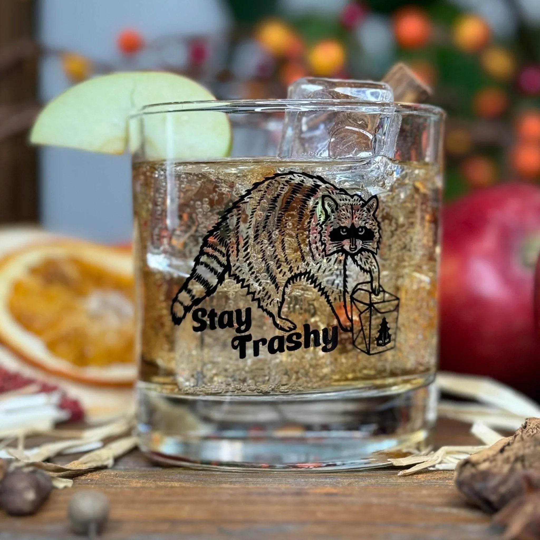 Stay Trashy Raccoon illustrated rocks glass by Two Little Fruits