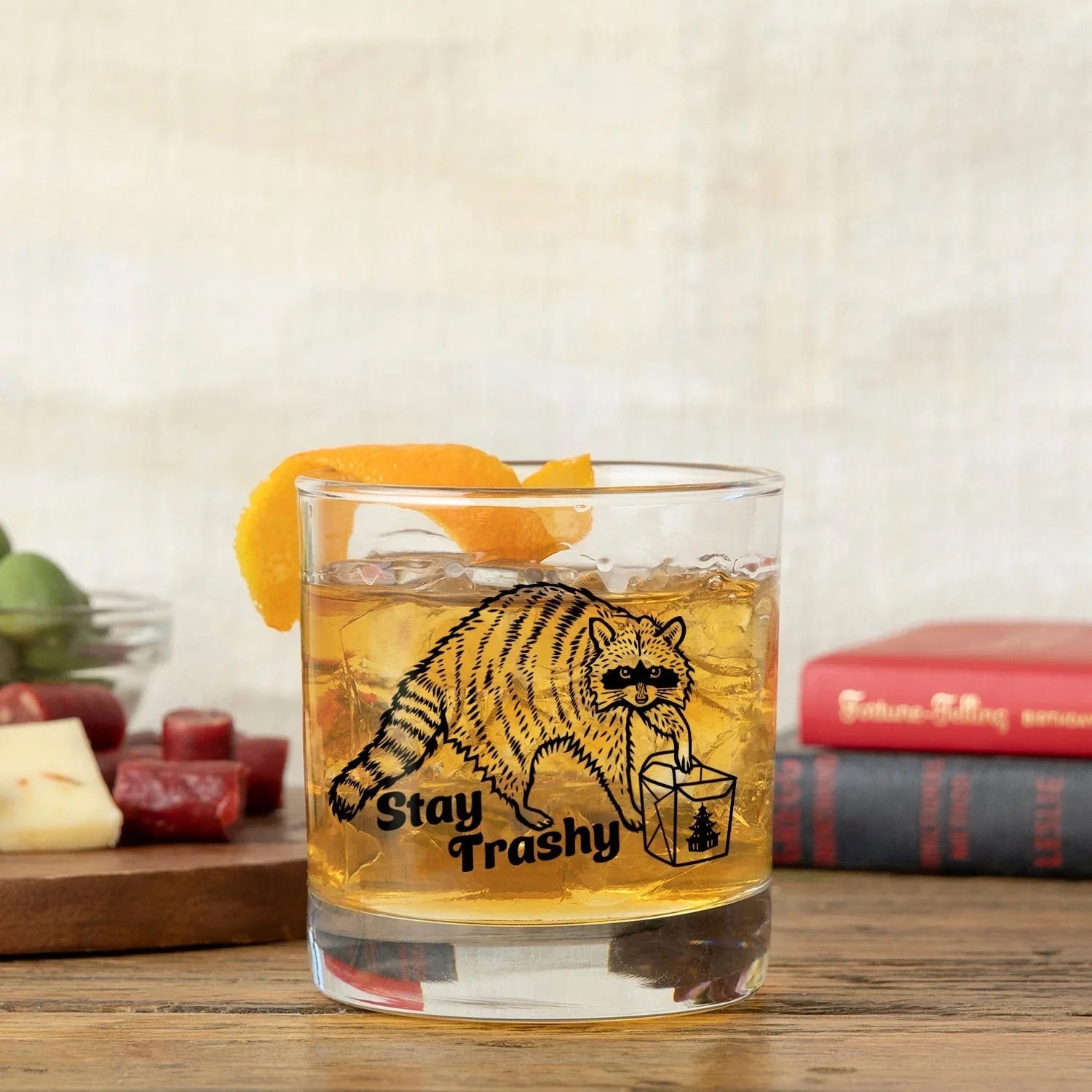 Stay Trashy Raccoon Whiskey Glass - Cute 10 Oz Rocks Glass with Fun Artwork - Rocks Glass - Two Little Fruits - Two Little Fruits