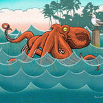 Bento The Octopus Art Print illustration featuring a playful octopus in colorful waves, capturing the essence of ocean-inspired decor. A delightful octopus art print for any space.