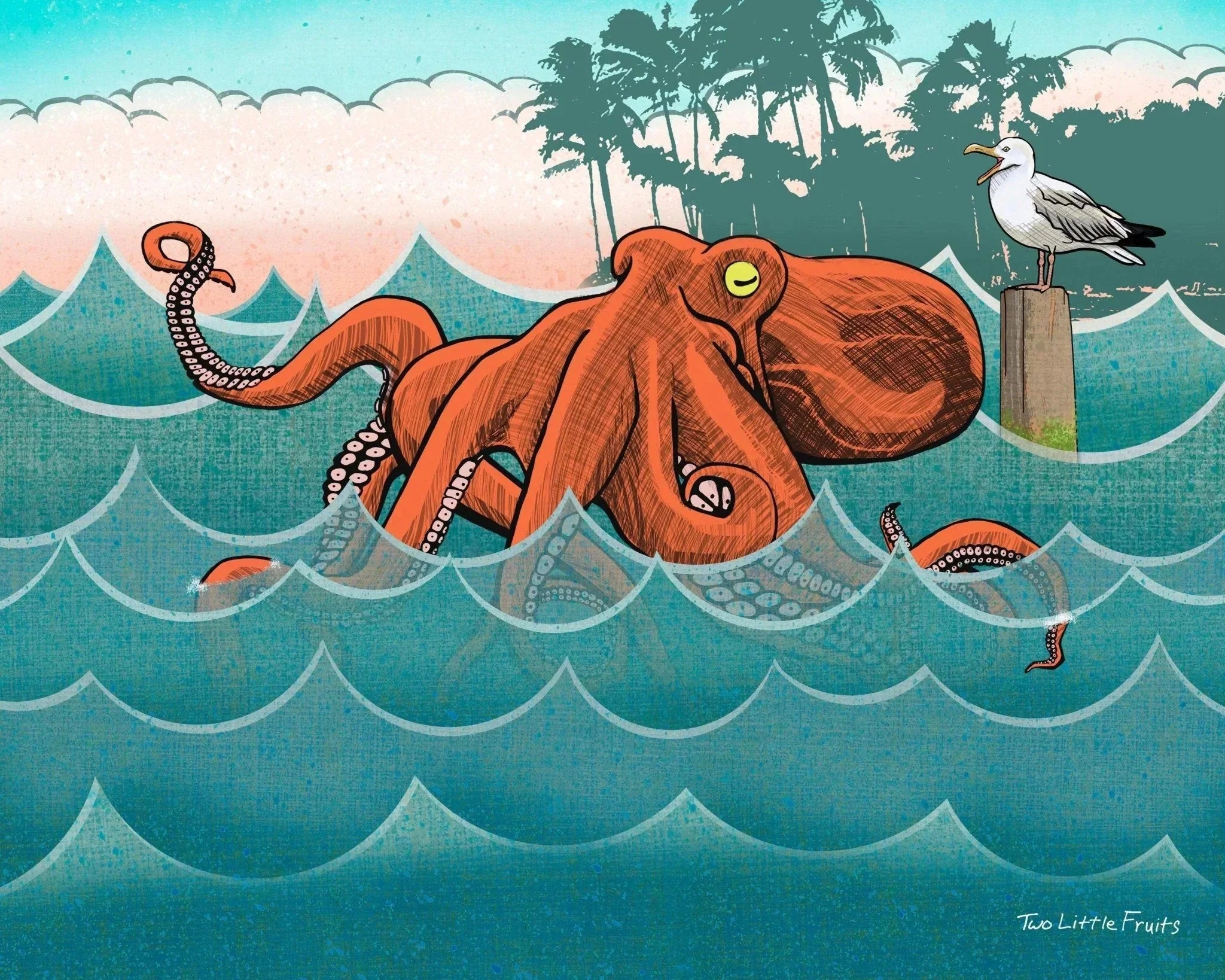 Bento The Octopus Art Print illustration featuring a playful octopus in colorful waves, capturing the essence of ocean-inspired decor. A delightful octopus art print for any space.