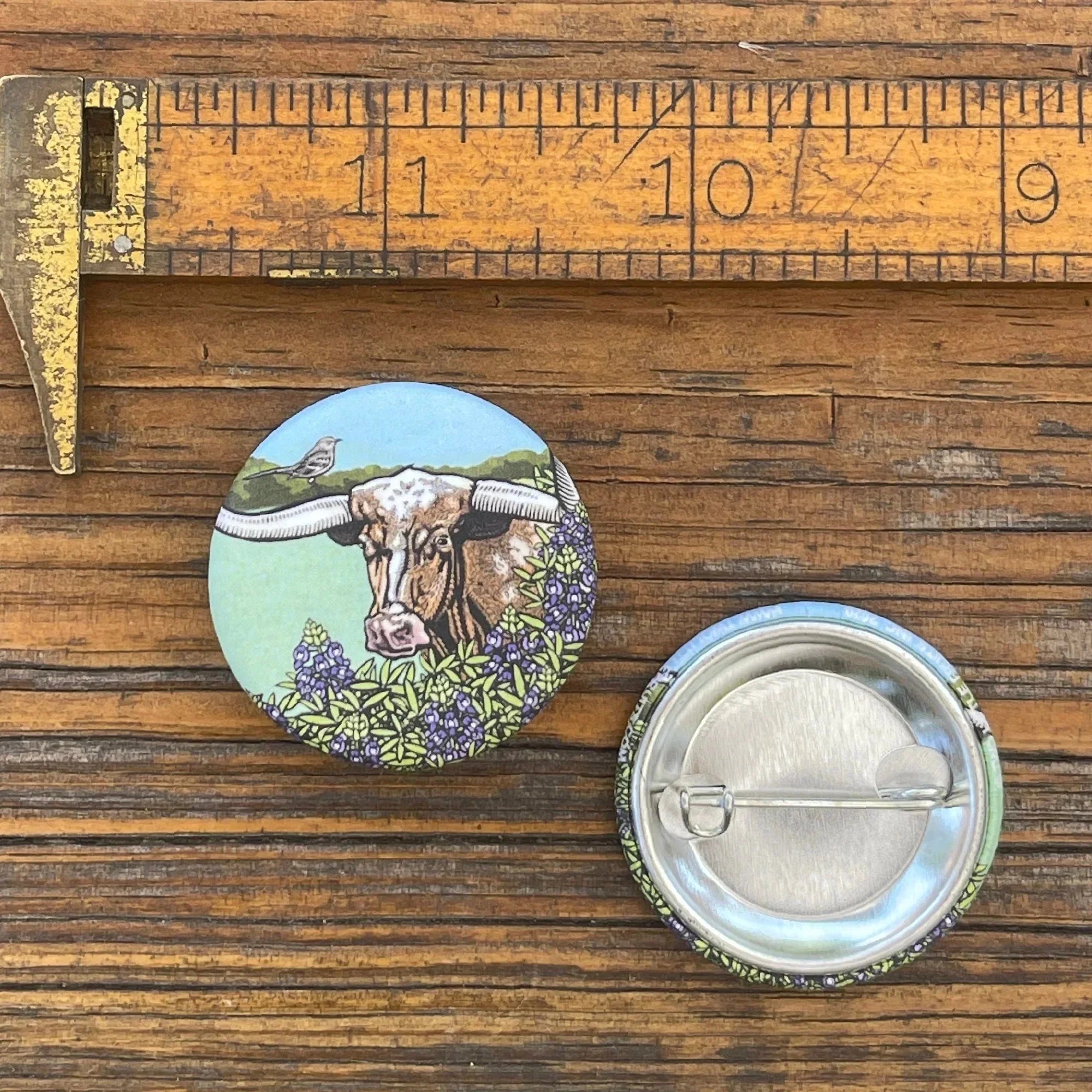 Texas Longhorn illustrated button pin by Two Little Fruits