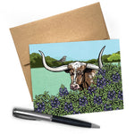 Texas Longhorn Steer Card with Bluebonnets - A2 Size, Blank Inside, Includes Envelope - Greeting Cards - Two Little Fruits - Two Little Fruits