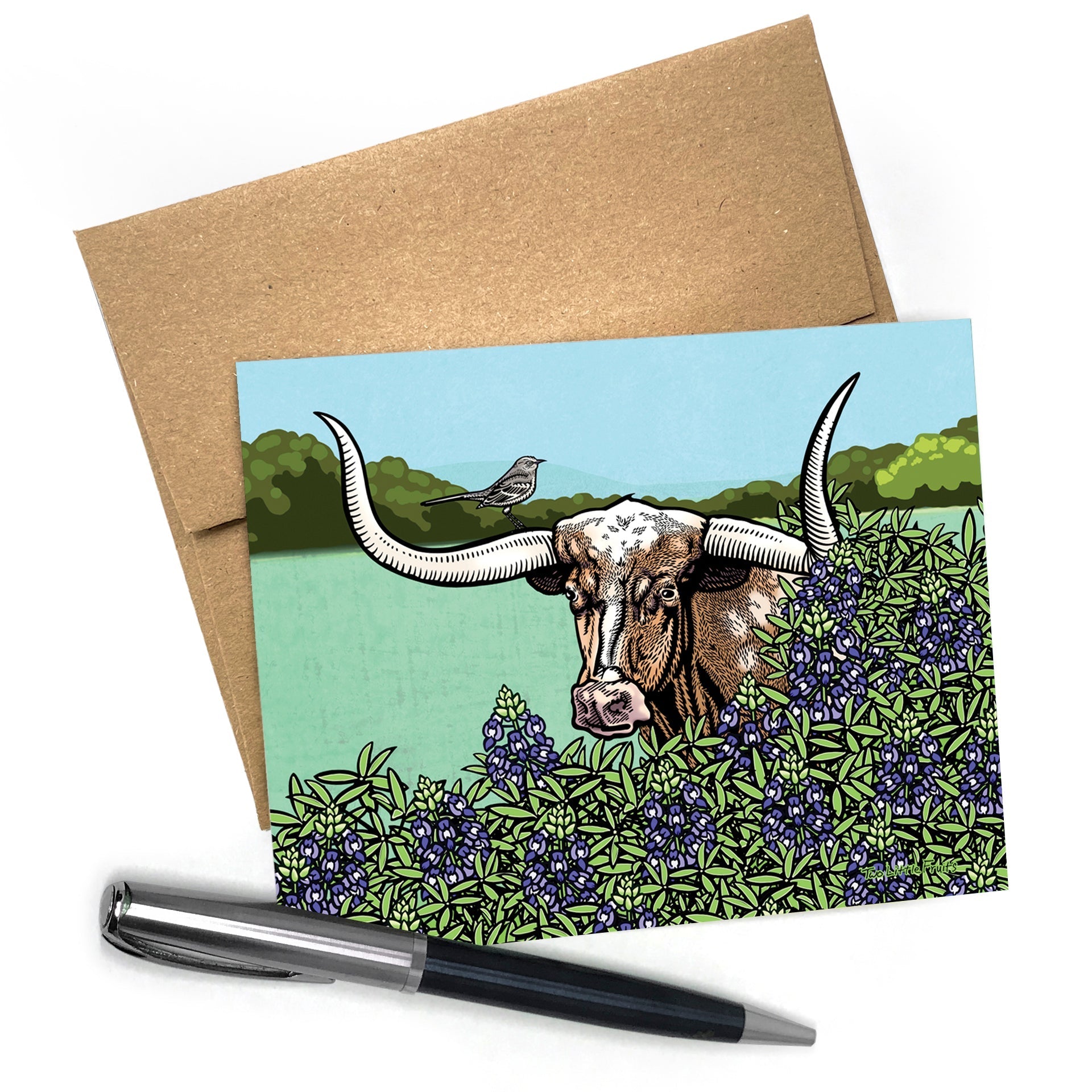Texas Longhorn Steer Card with Bluebonnets - A2 Size, Blank Inside, Includes Envelope - Greeting Cards - Two Little Fruits - Two Little Fruits