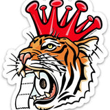 Detailed close-up of the Tiger Sticker showcasing a fierce tiger with a crown and toilet paper, ideal for collectors and decorators.