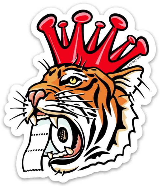 Detailed close-up of the Tiger Sticker showcasing a fierce tiger with a crown and toilet paper, ideal for collectors and decorators.