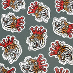 Cheerful Tiger Sticker design featuring a tiger with a toilet paper roll and a crown, perfect for adding a fun touch to any surface.