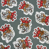 Cheerful Tiger Sticker design featuring a tiger with a toilet paper roll and a crown, perfect for adding a fun touch to any surface.