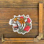Close-up of Tiger Sticker with a measuring ruler, showcasing the detailed tattoo-inspired design of a tiger amidst red roses.