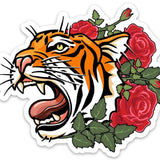 Colorful Tiger Sticker design, showcasing a fierce tiger head entwined with beautiful red roses, ideal for decoration.