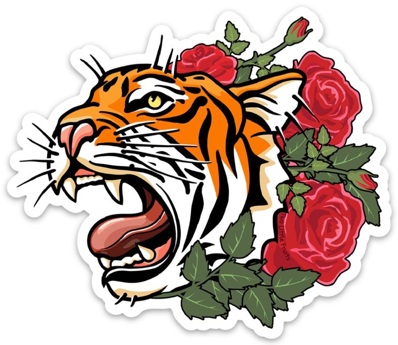 Colorful Tiger Sticker design, showcasing a fierce tiger head entwined with beautiful red roses, ideal for decoration.