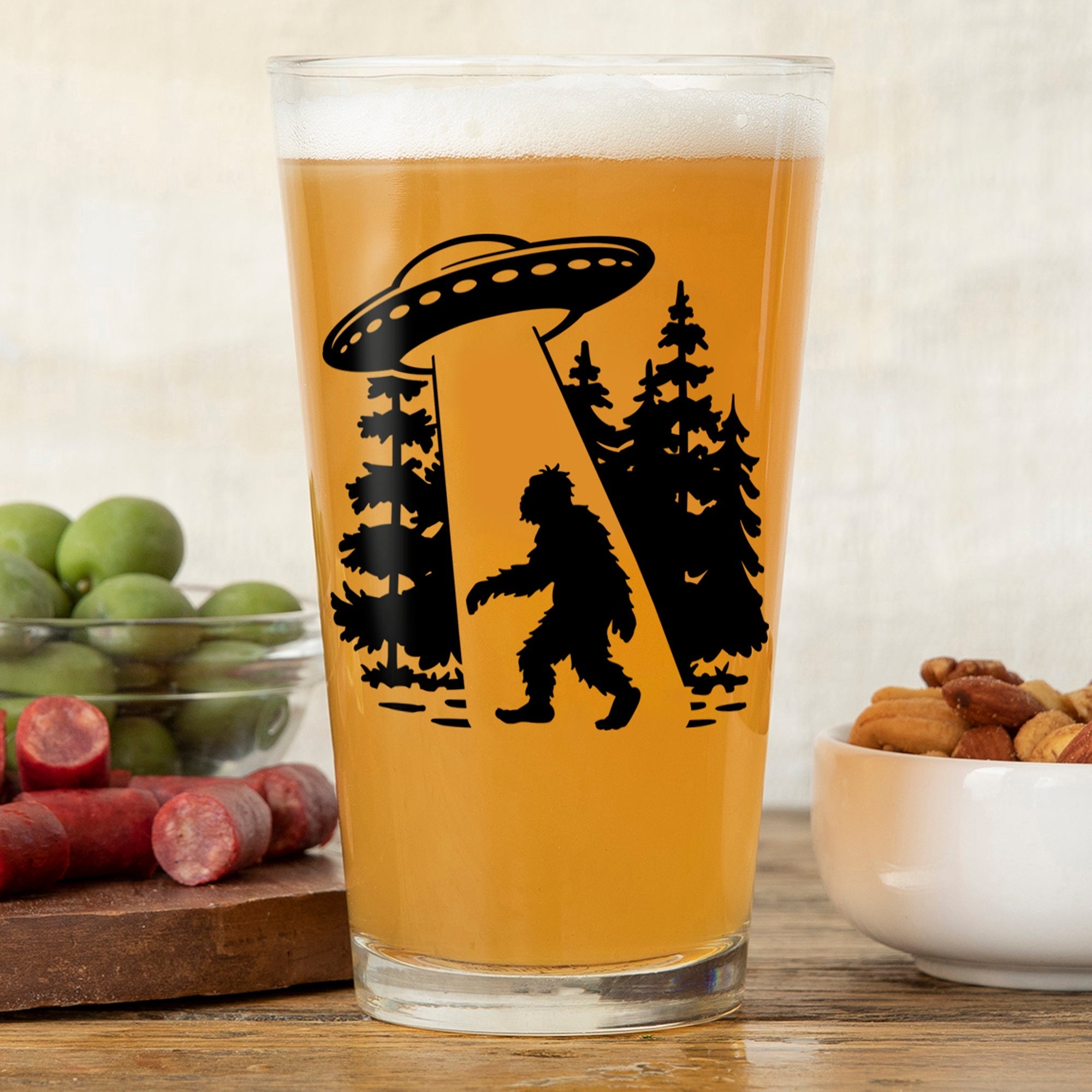 UFO Pint Glass with Sasquatch Illustration - Fun 16 Oz Beer Glass for Parties and Gifting - Pint Glass - Two Little Fruits - Two Little Fruits