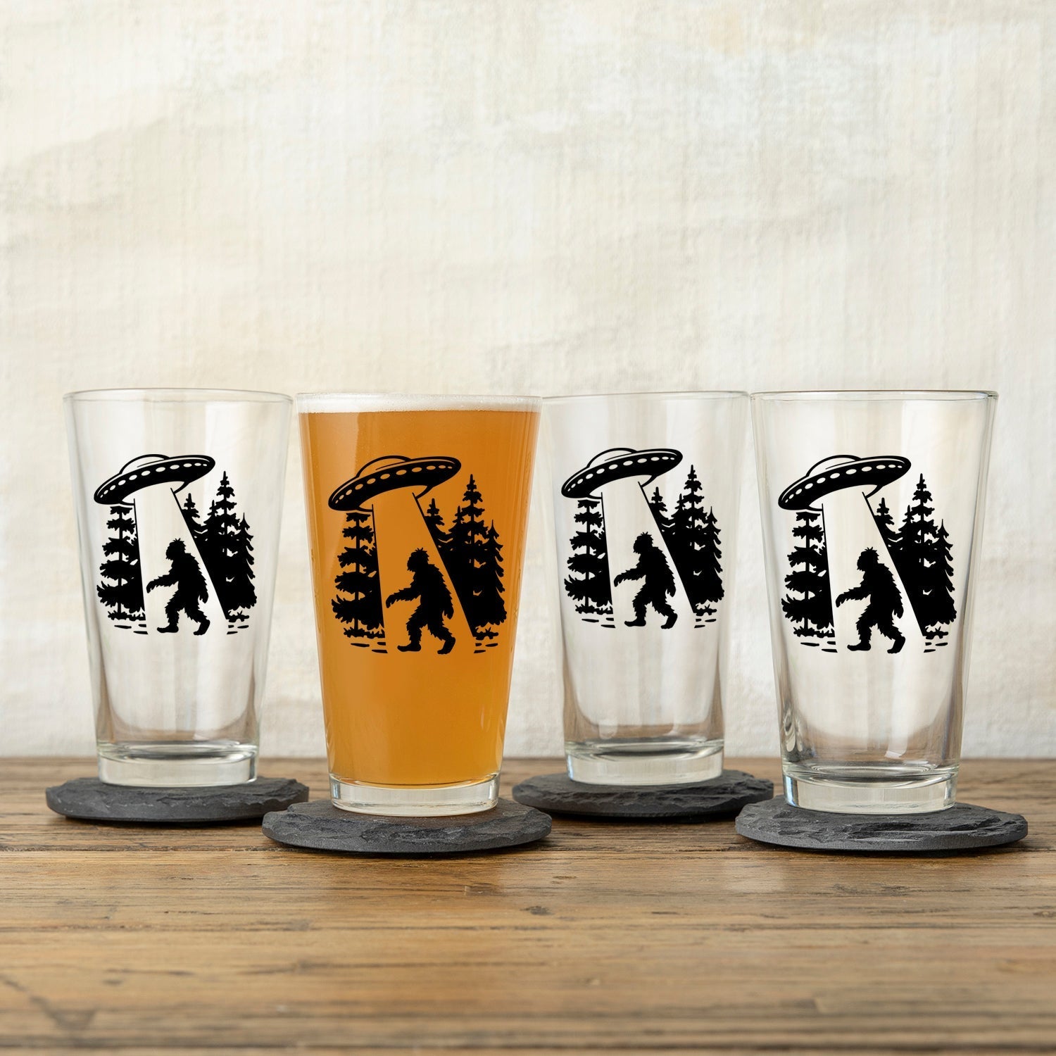 UFO Pint Glass with Sasquatch Illustration - Fun 16 Oz Beer Glass for Parties and Gifting - Pint Glass - Two Little Fruits - Two Little Fruits