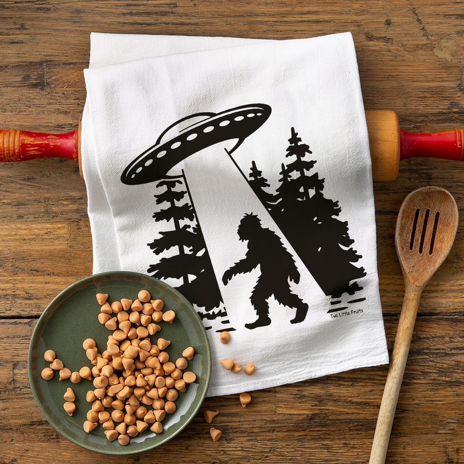UFO Tea Towel - 100% Cotton, Soft White, Unique Sasquatch Design, Made in USA - Tea Towels - Two Little Fruits - Two Little Fruits