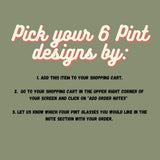 Unique Beer Glass Set - Mix And Match 6 Animal 16 Oz Pint Glasses guide, showing how to choose your designs when ordering this fun collection.