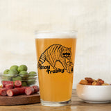Unique Beer Glass Set displaying a playful raccoon with the phrase 'Stay Trashy', ideal for craft beer lovers.
