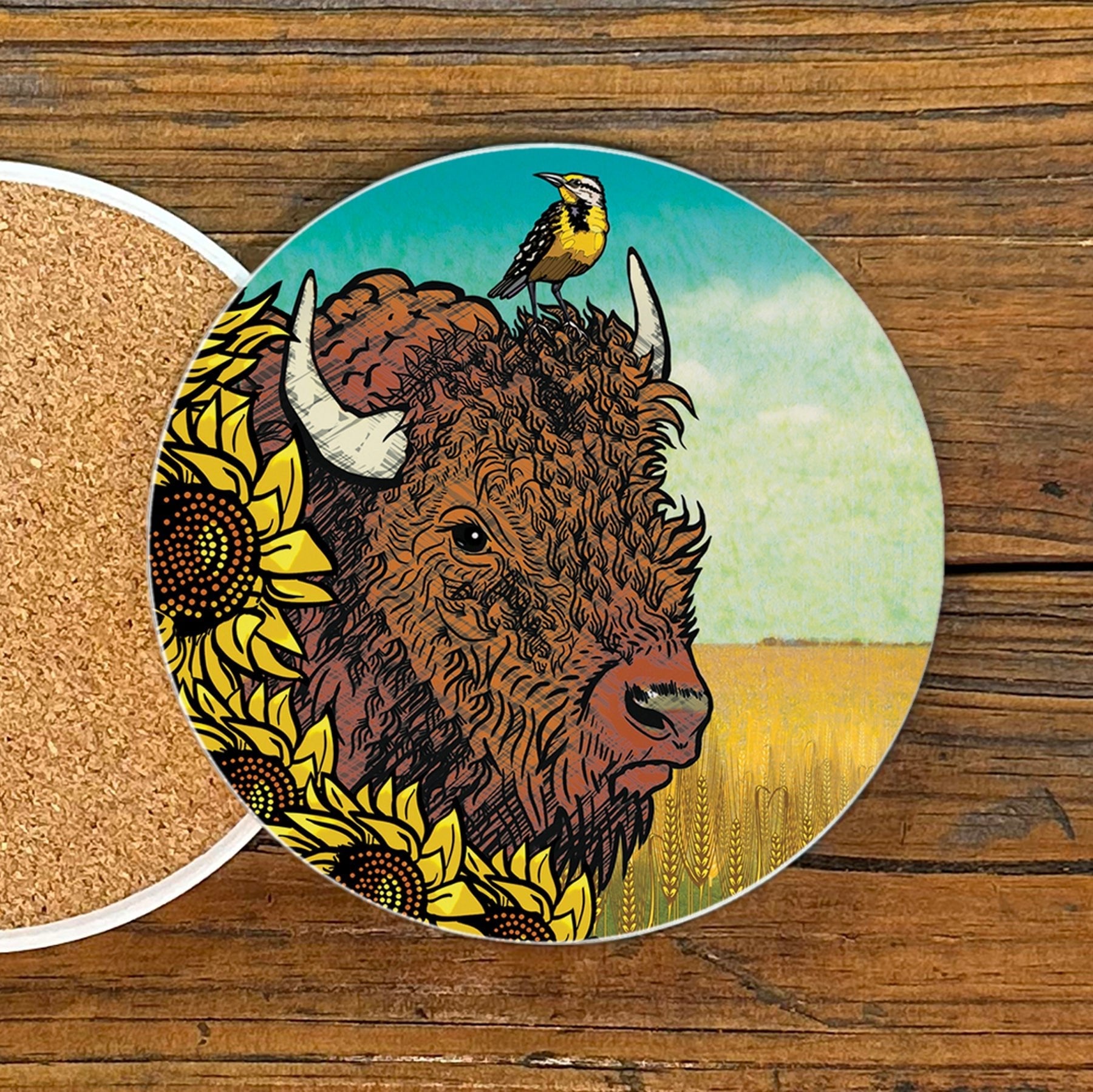 Unique Buffalo Coffee Table Coasters - Colorful 4" Ceramic Drink Coasters with Cork Backing - Coasters - Two Little Fruits - Two Little Fruits