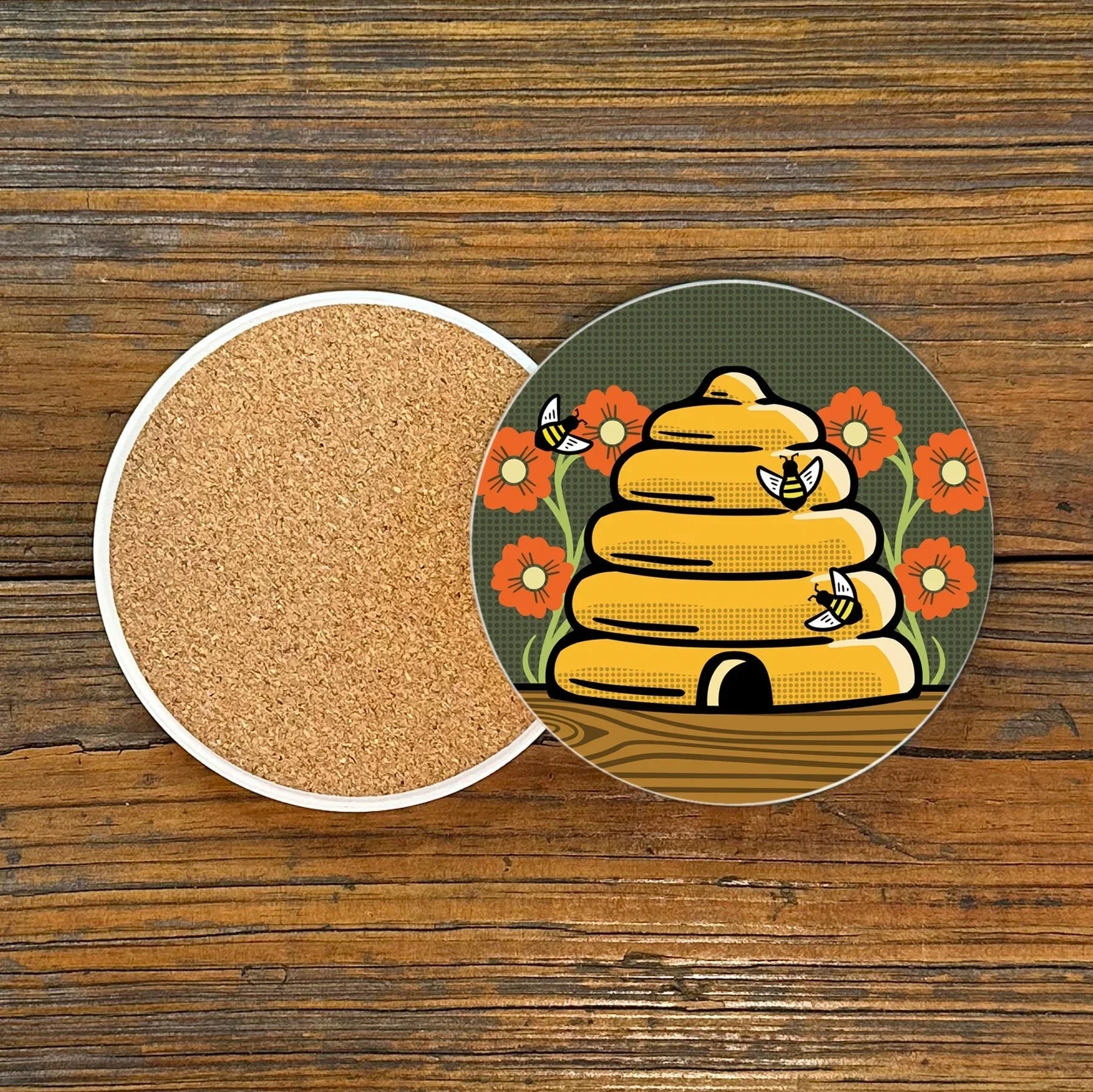 Unique Gift Coasters - Colorful 4" Honeybee Ceramic Drink Coasters by Two Little Fruits