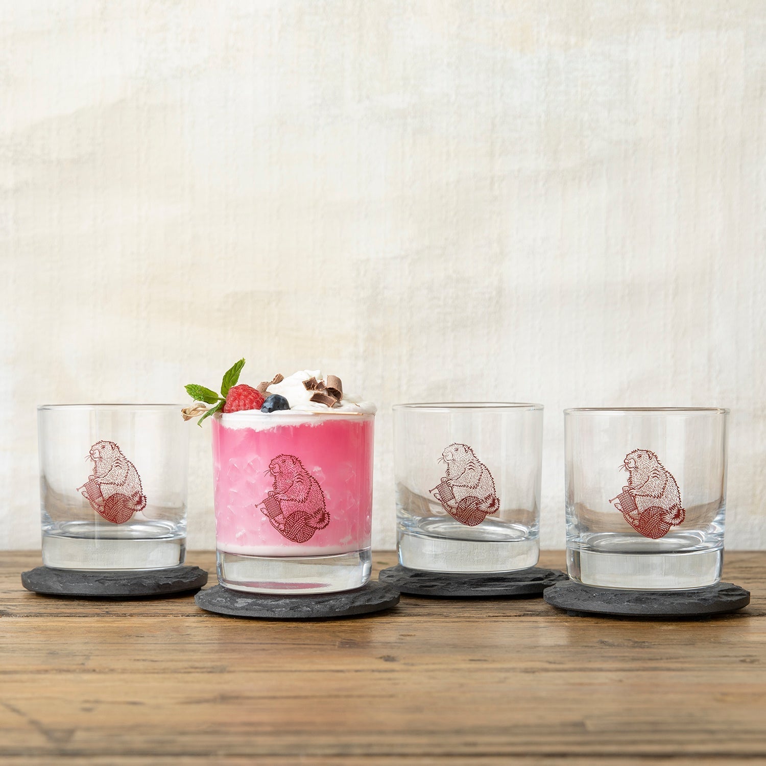 Unique Knitting Rocks Glass with Mauve Marmot Design – Perfect Gift for Knitting Lovers - Rocks Glass - Two Little Fruits - Two Little Fruits